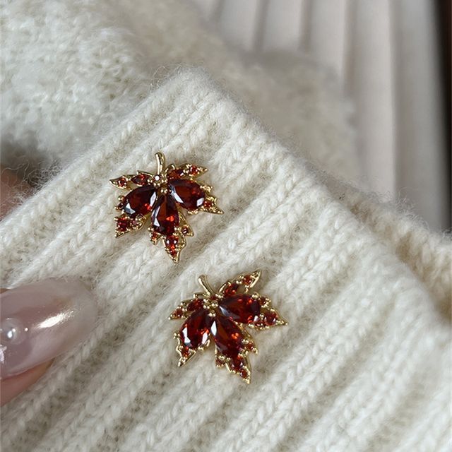 Alloy Rhinestone Earring Leaf