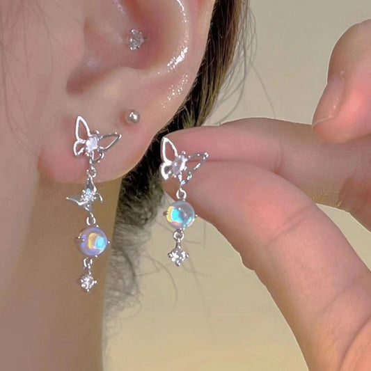 Asymmetrical Alloy Butterfly Moonstone Dangle Earring