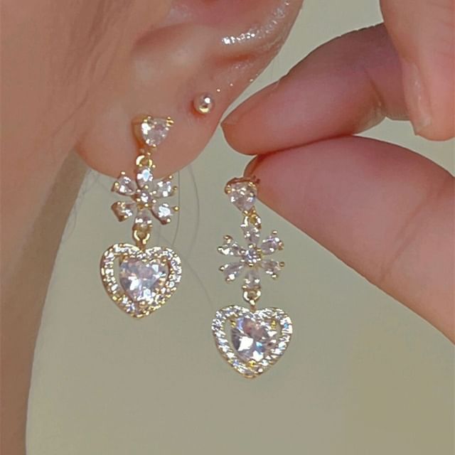 Alloy Dangle Heart Earring Rhinestone