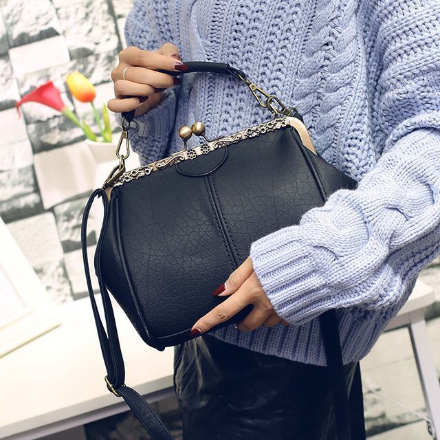 Top Handle Plain Kiss Lock Crossbody Bag