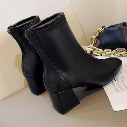 Plain Chunky Heel Short Boots