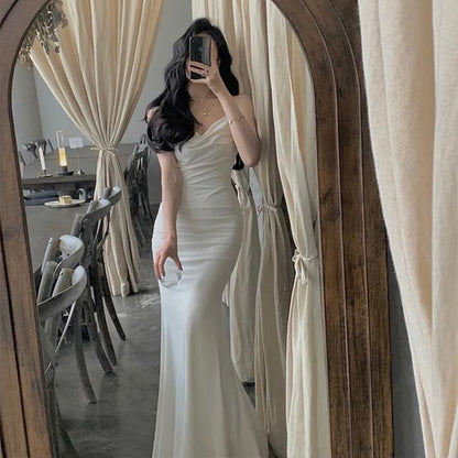 Neck Spaghetti Strap Mermaid Cowl Evening Gown Plain