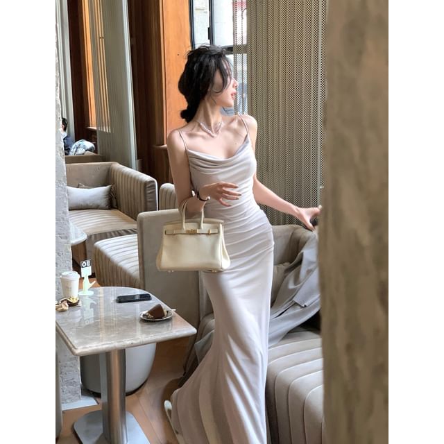 Neck Spaghetti Strap Mermaid Cowl Evening Gown Plain