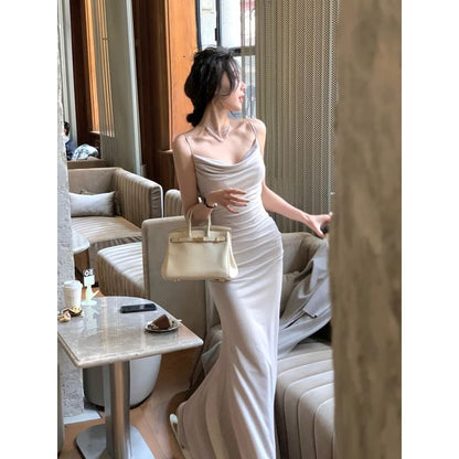 Neck Spaghetti Strap Mermaid Cowl Evening Gown Plain