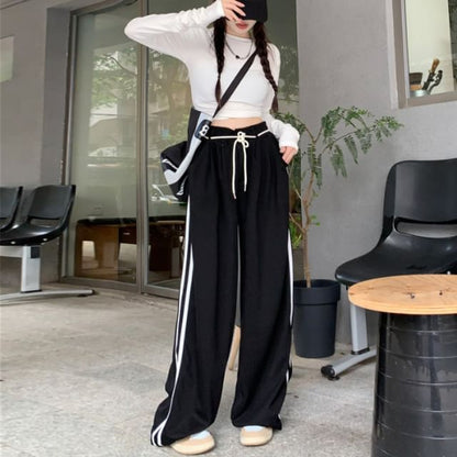 Long-Sleeve Round Neck Plain Cutout Crop Tee / Drawstring Waist Striped Wide Leg Sweatpants