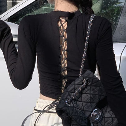 Long-Sleeve Round Neck Plain Cutout Crop Tee / Drawstring Waist Striped Wide Leg Sweatpants