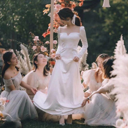 Neck Square Wedding Plain A-Line Gown Long-Sleeve