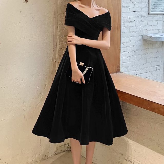 Off-Shoulder Plain Midi A-Line Cocktail Dress