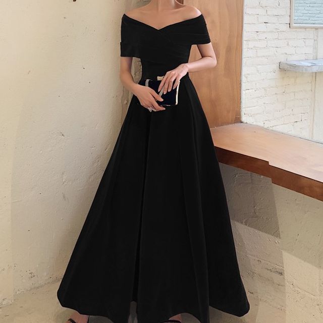 Off-Shoulder Plain Midi A-Line Cocktail Dress