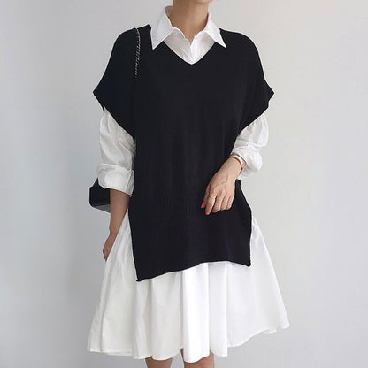 V-Neck Plain Slit Sweater Vest / Long-Sleeve Tiered A-Line Shirt Dress