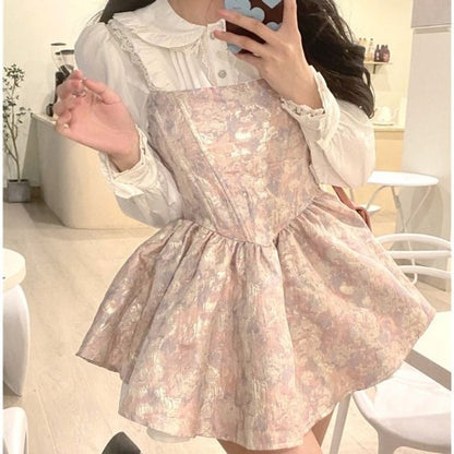 Frilled Collar Lace Blouse and Jacquard A-Line Dress