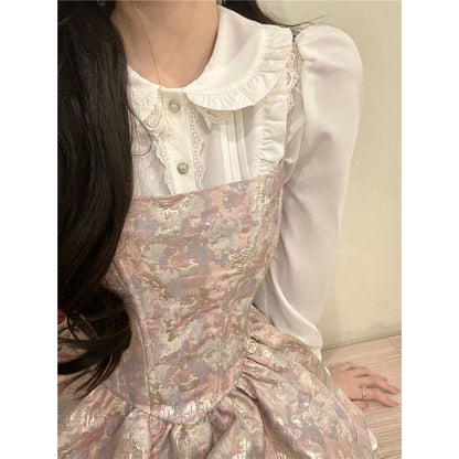 Frilled Collar Lace Blouse and Jacquard A-Line Dress
