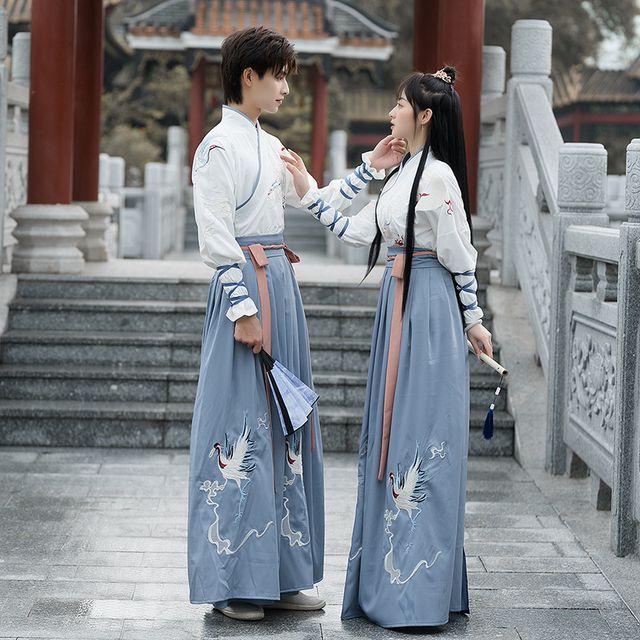 Couple Matching Crane Embroidered Hanfu Costume Set