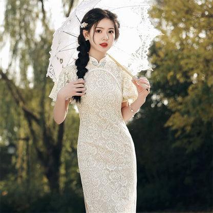 Short-Sleeve Lace Faux Pearl Midi Qipao