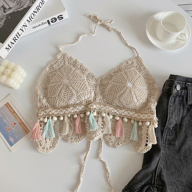 Brassière en tricot crocheté à pompons et licou