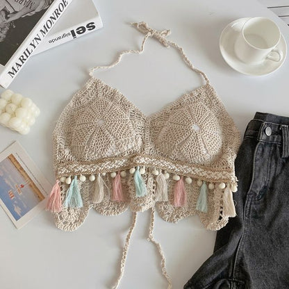 Halter Tassel Crochet Knit Bralette