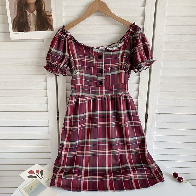 Short-Sleeve Off-Shoulder Plaid Mini A-Line Dress