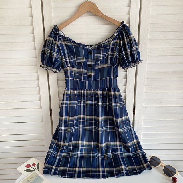 Short-Sleeve Off-Shoulder Plaid Mini A-Line Dress