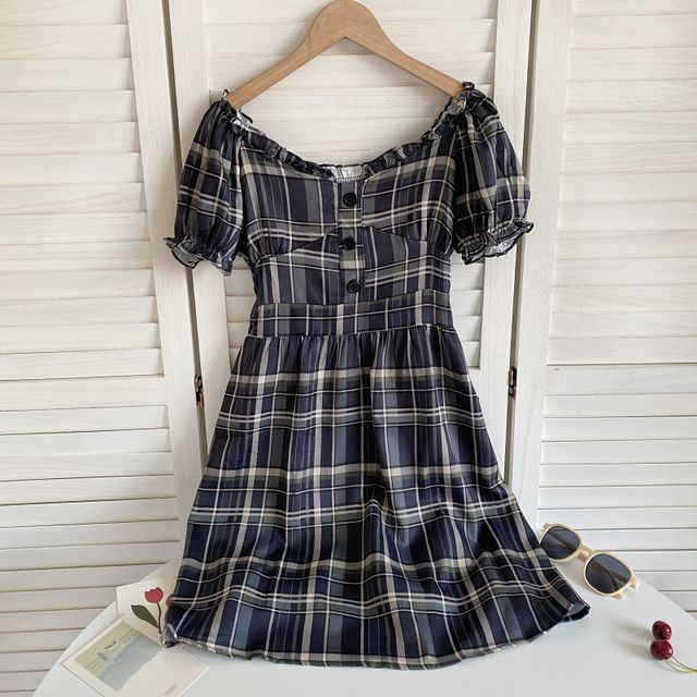 Short-Sleeve Off-Shoulder Plaid Mini A-Line Dress