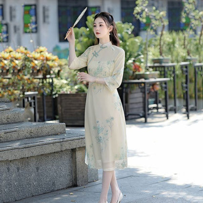 3/4-Sleeve Floral Midi Qipao