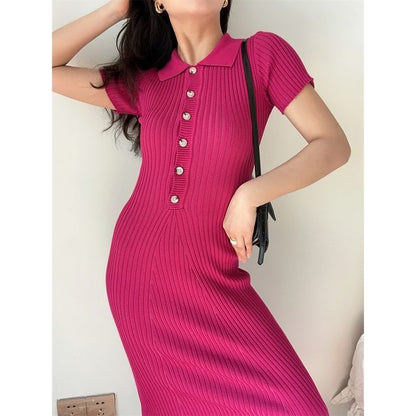 Short-Sleeve Plain Knit Midi Sheath Polo Dress