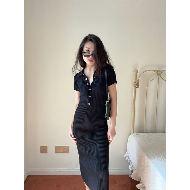 Short-Sleeve Plain Knit Midi Sheath Polo Dress