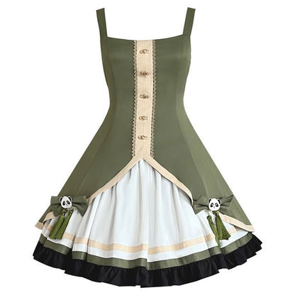 Kurze Lolita-Bluse mit ausgestellten Ärmeln und Panda-Stickerei / zweifarbiges Trägerkleid mit Schleife / Beinstulpen mit Rüschen / Set