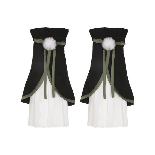 Lolita Flared-Sleeve Panda Embroidered Cropped Blouse / Two Tone Bow Pinafore Dress / Ruffle Leg Warmers / Set