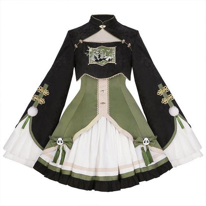 Kurze Lolita-Bluse mit ausgestellten Ärmeln und Panda-Stickerei / zweifarbiges Trägerkleid mit Schleife / Beinstulpen mit Rüschen / Set