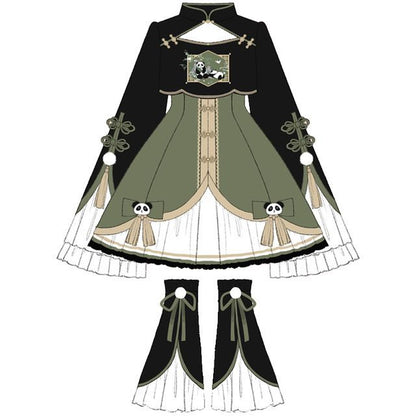Kurze Lolita-Bluse mit ausgestellten Ärmeln und Panda-Stickerei / zweifarbiges Trägerkleid mit Schleife / Beinstulpen mit Rüschen / Set
