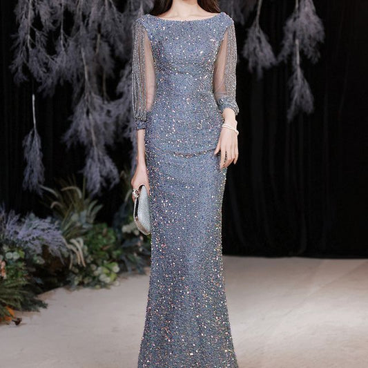 Sequined Rhinestone Evening Gown Mermaid Puff-Sleeve
