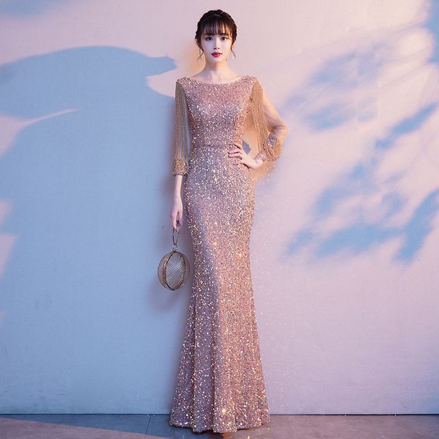 Sequined Rhinestone Evening Gown Mermaid Puff-Sleeve