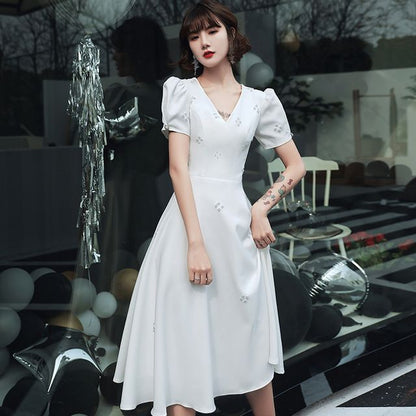 Short-Sleeve V-Neck Faux Pearl Midi A-Line Wedding Dress