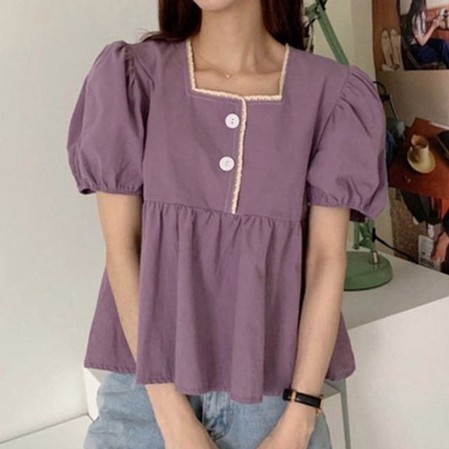Puff-Sleeve Lace Peplum Blouse with Trim