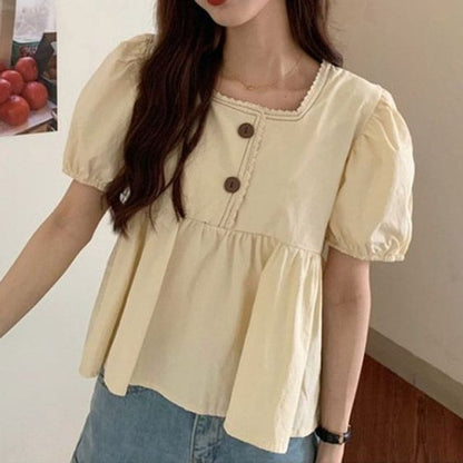Puff-Sleeve Lace Peplum Blouse with Trim