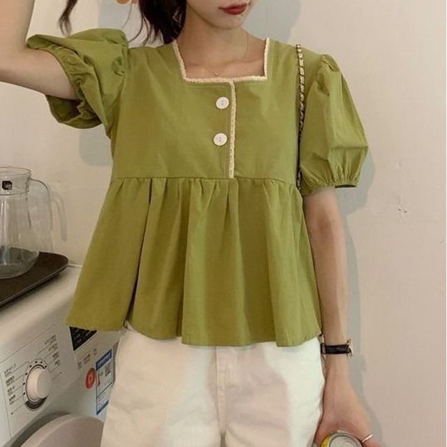 Puff-Sleeve Lace Peplum Blouse with Trim
