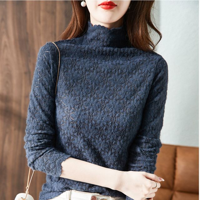 High Neck Lace Blouse with Long Sleeves