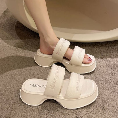 Lettering Embroidery Platform Slide Sandals