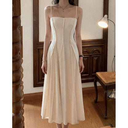 Spaghetti Strap Plain Crinkled Seam Front Midi A-Line Dress