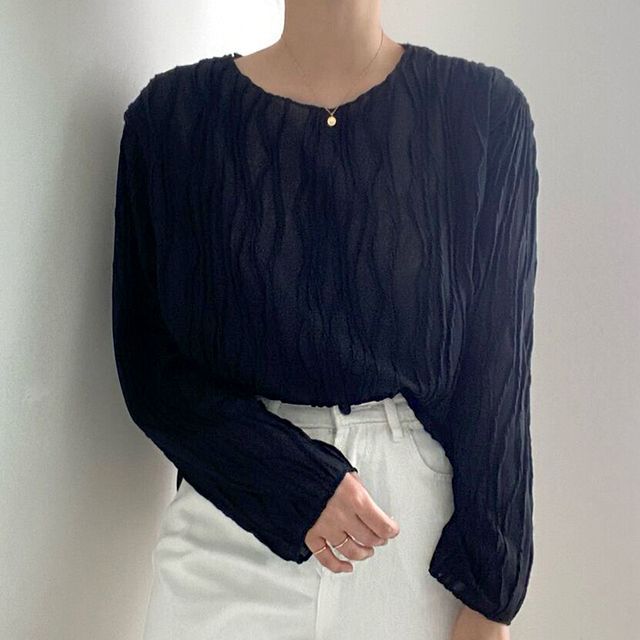 Long-Sleeve Boat Neck Striped Blouse