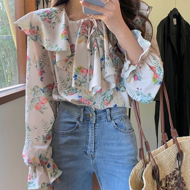 Bluse mit Puffärmeln, Blumenmuster, Rüschen und Kordelzug