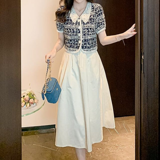 Puff-Sleeve Floral Print Lace Collar Button-Up Blouse / High Waist Plain Midi A-Line Skirt / Set