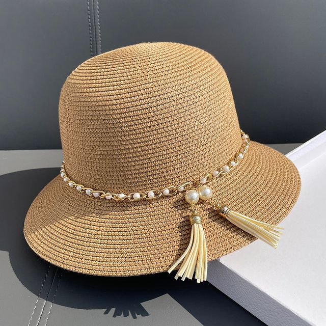 Faux Pearl Straw Bucket Hat