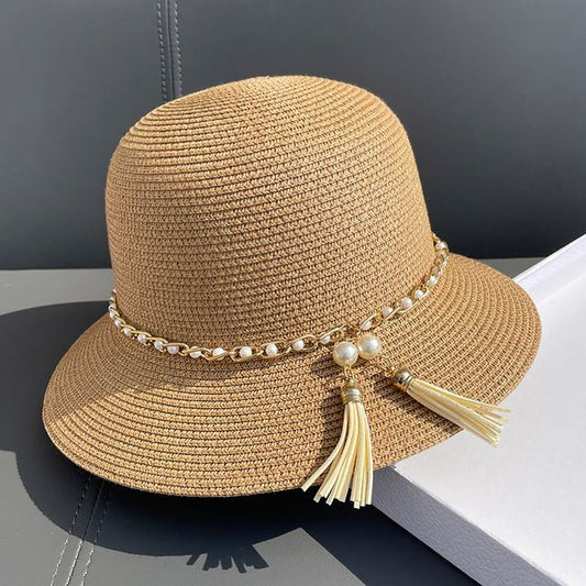 Faux Pearl Straw Bucket Hat