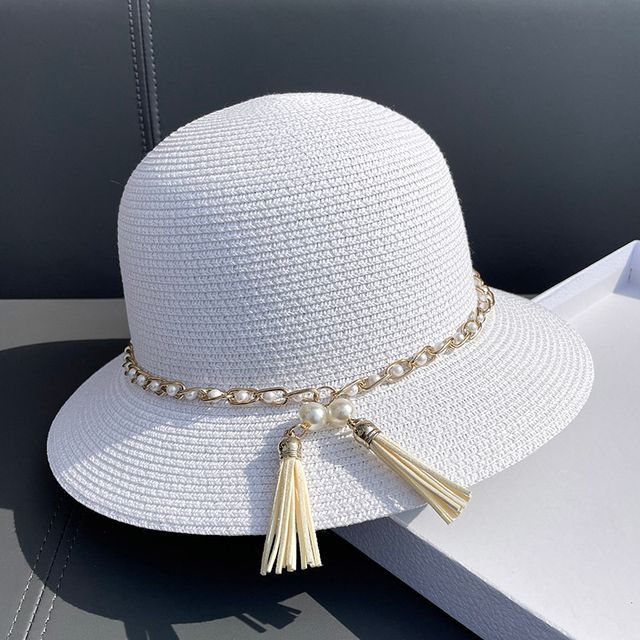 Faux Pearl Straw Bucket Hat