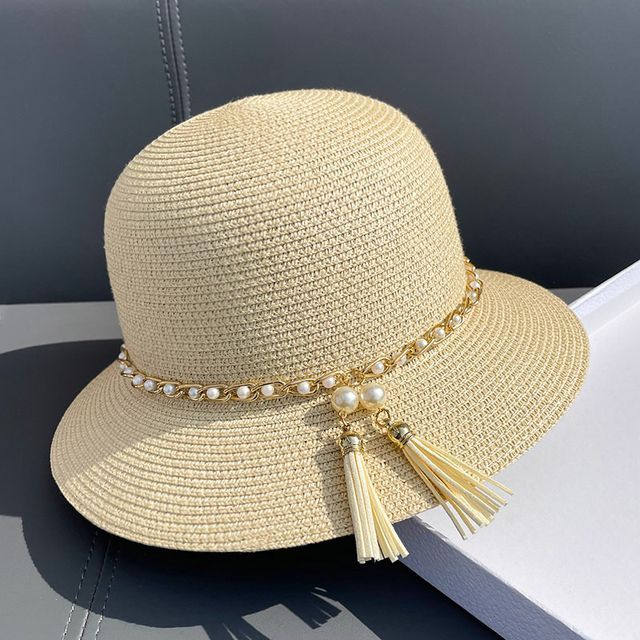 Faux Pearl Straw Bucket Hat