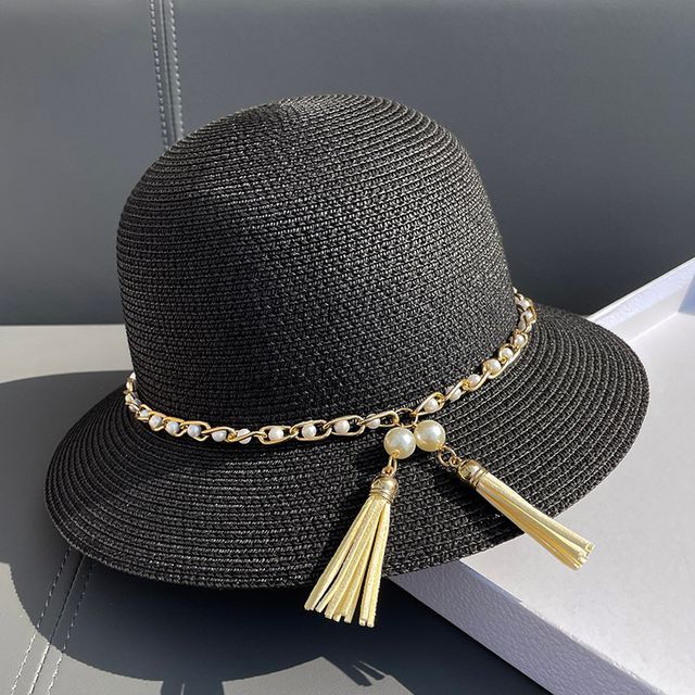Faux Pearl Straw Bucket Hat