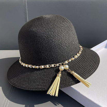 Faux Pearl Straw Bucket Hat