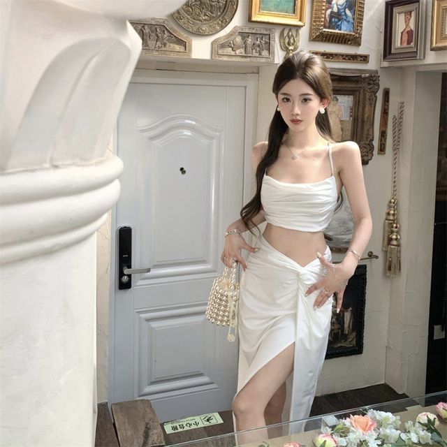 Set: Plain Ruched Crop Camisole Top + High Waist Twist Slit High-Low A-Line Skirt