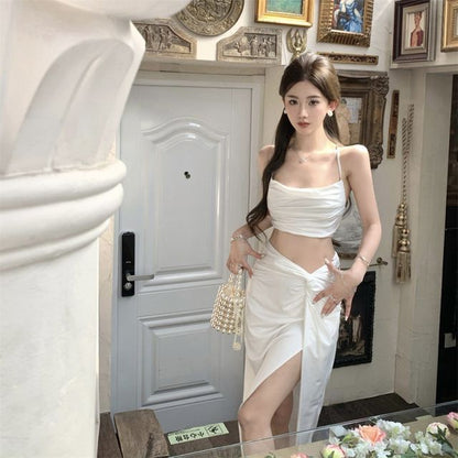 Set: Plain Ruched Crop Camisole Top + High Waist Twist Slit High-Low A-Line Skirt